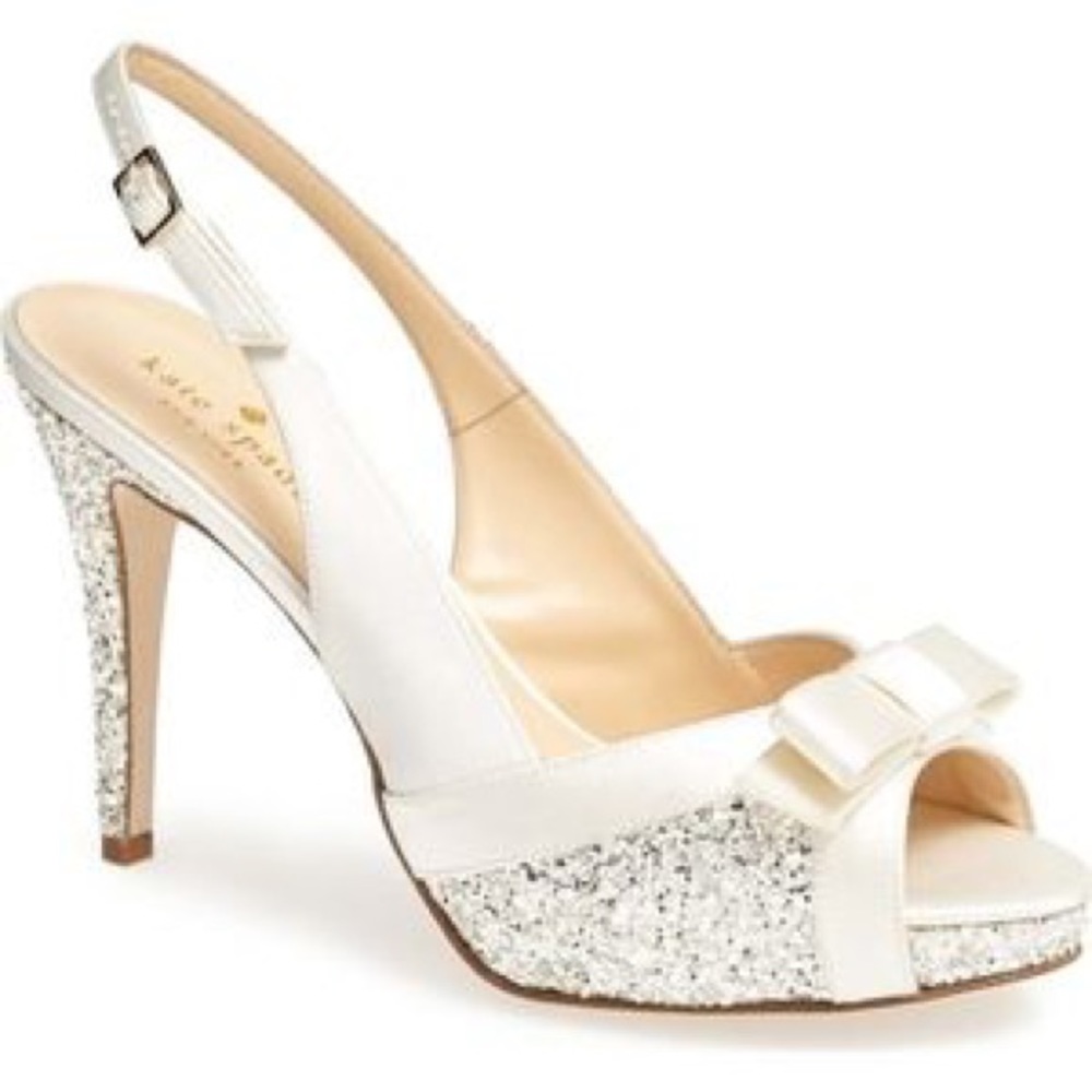 Kate spade ivory/satin silver glitter slingbacks
